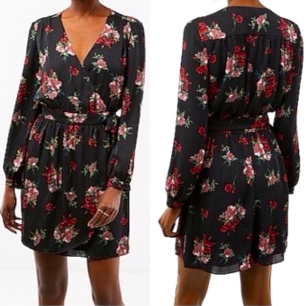 NWT Express Dress Floral Satin Wrap Long Sleeve Floral Dress Size XS